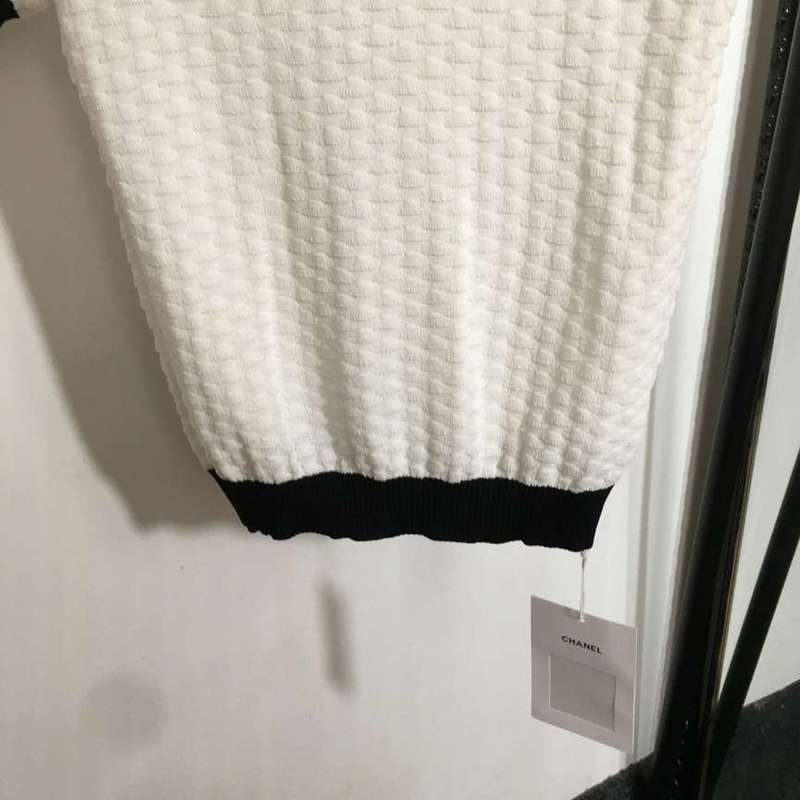 Chanel White Textured Polo Shirt with Black Trim