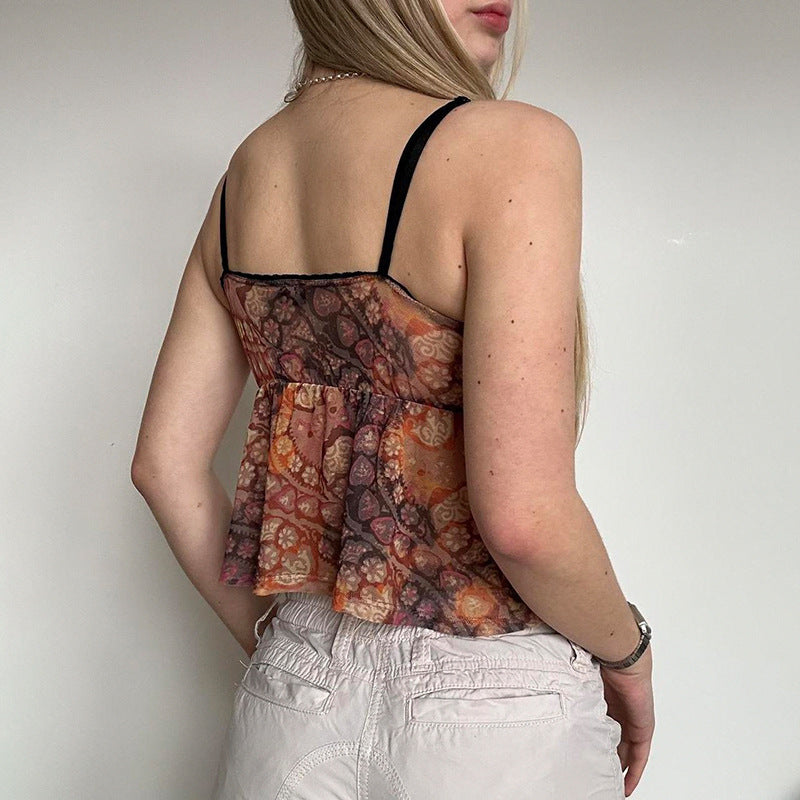 Retro Milk Silk Skin-friendly Small Sexy Hot Girl Print Straps Bottoming Vest
