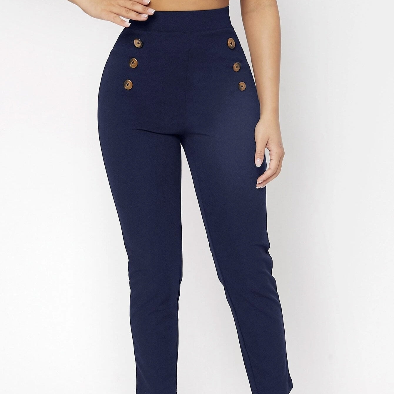 Retro Slim Fit Double Row Decoration Fake Button High Waisted Pants
