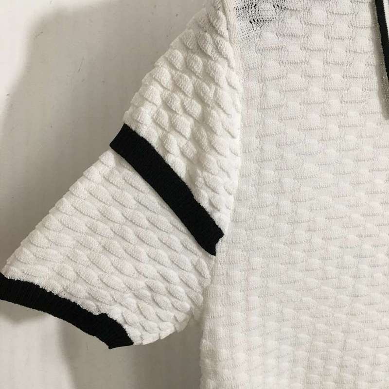Chanel White Textured Polo Shirt with Black Trim