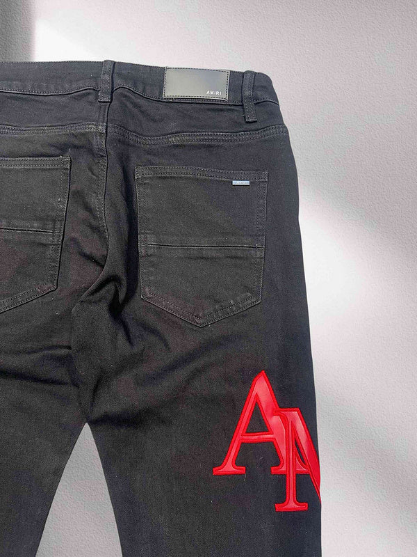 AMIRI Black Denim Jeans with Red Embroidered Logo