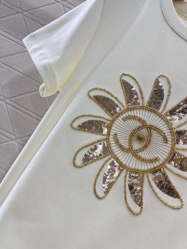 Chanel Ivory Sequin Sunflower T-Shirt