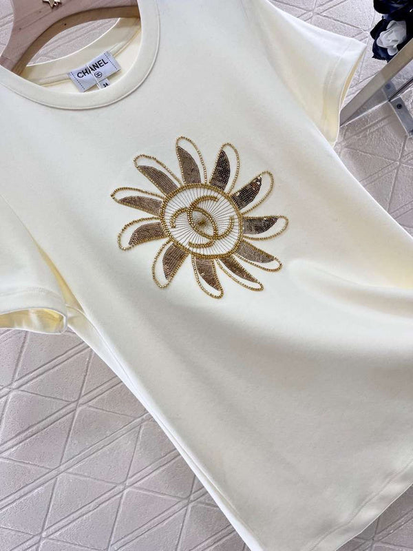 Chanel Ivory Sequin Sunflower T-Shirt