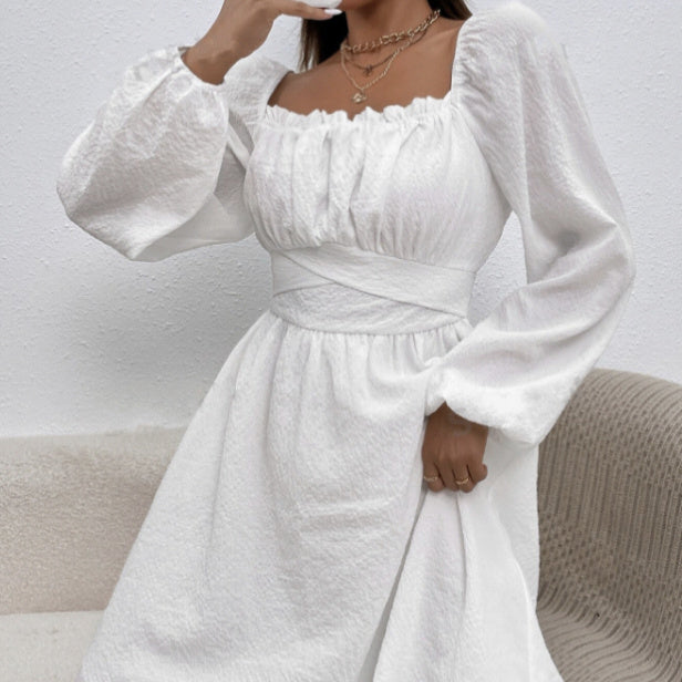Elegant Solid Color Collar Lace Fold Waist A-list Dress