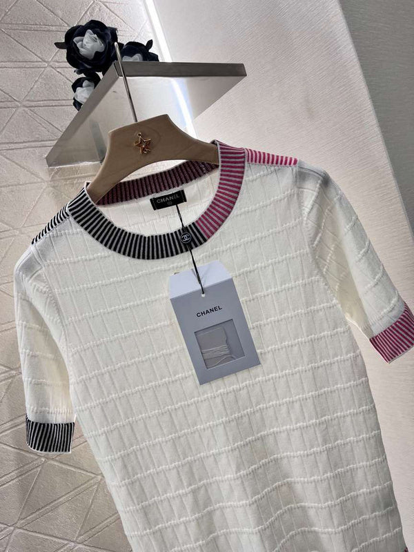 Chanel White Knit Top with Striped Collar & Cuffs