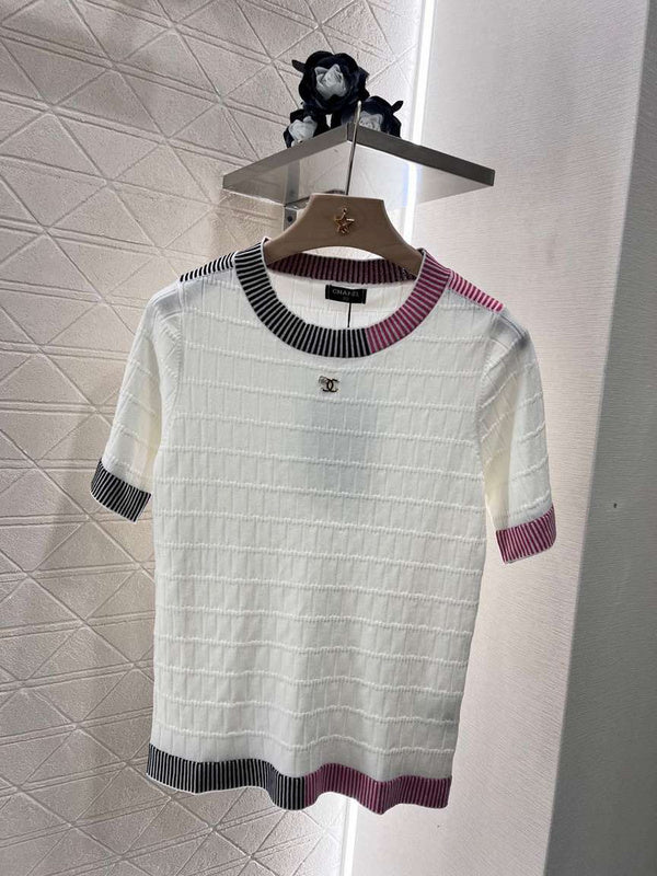 Chanel White Knit Top with Striped Collar & Cuffs
