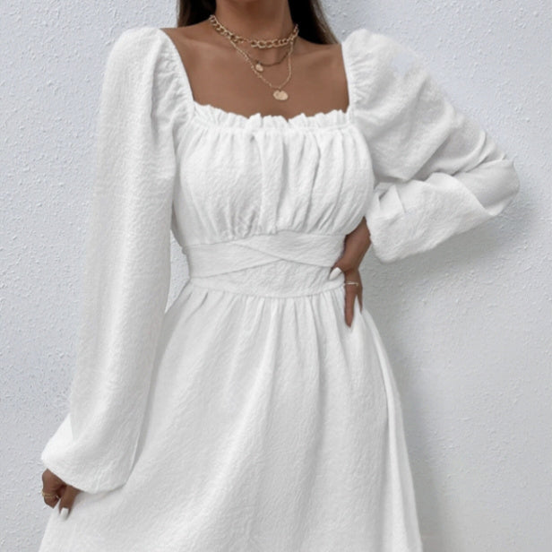 Elegant Solid Color Collar Lace Fold Waist A-list Dress