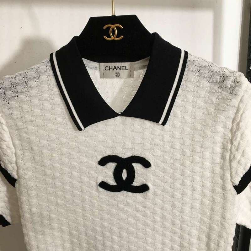 Chanel White Textured Polo Shirt with Black Trim