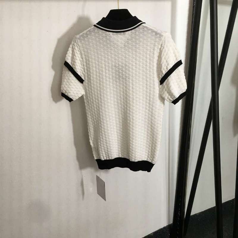 Chanel White Textured Polo Shirt with Black Trim