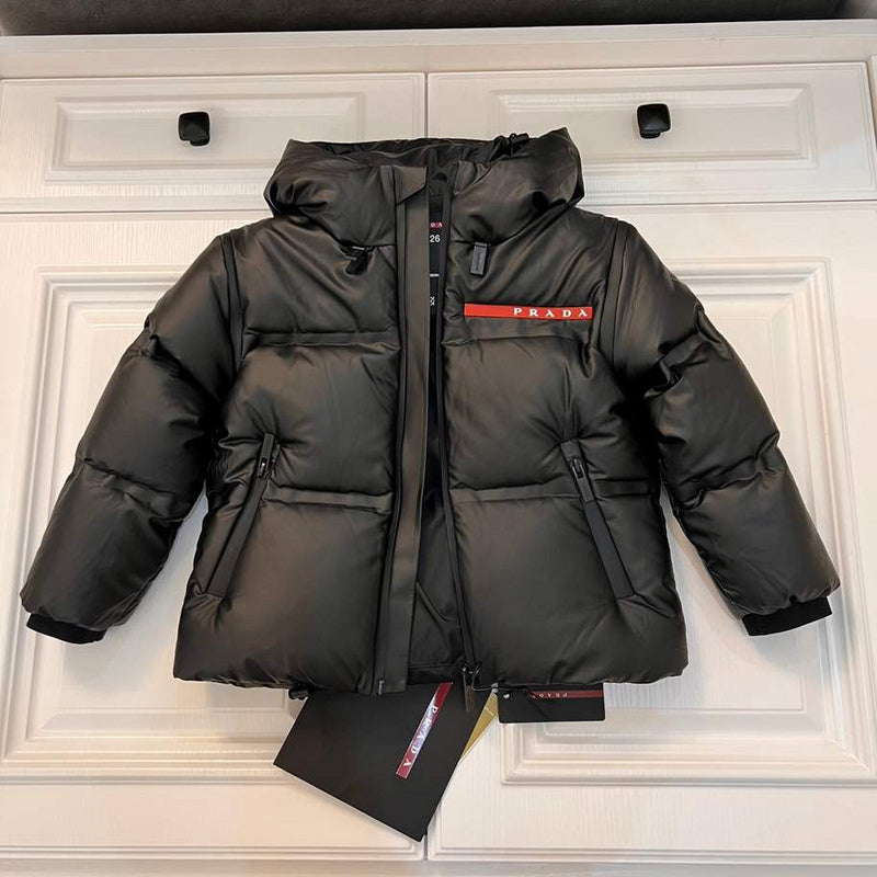 Prada Kids Black Puffer Jacket with Red Logo Strip