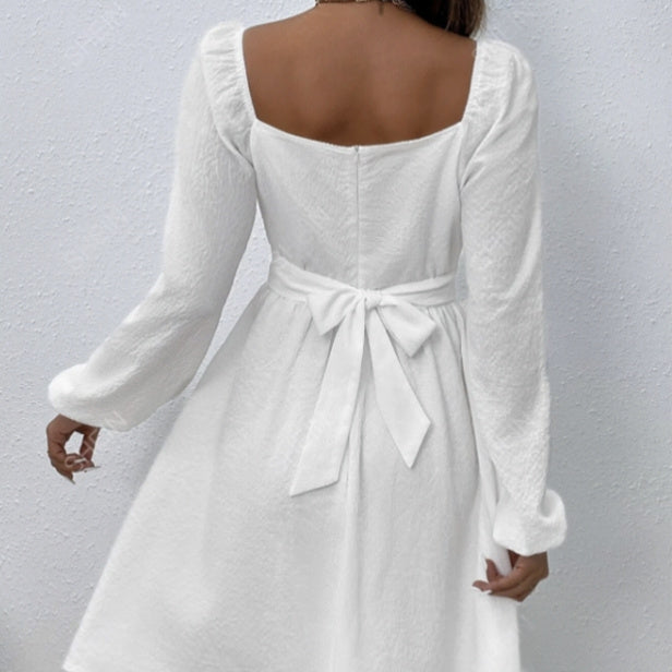 Elegant Solid Color Collar Lace Fold Waist A-list Dress