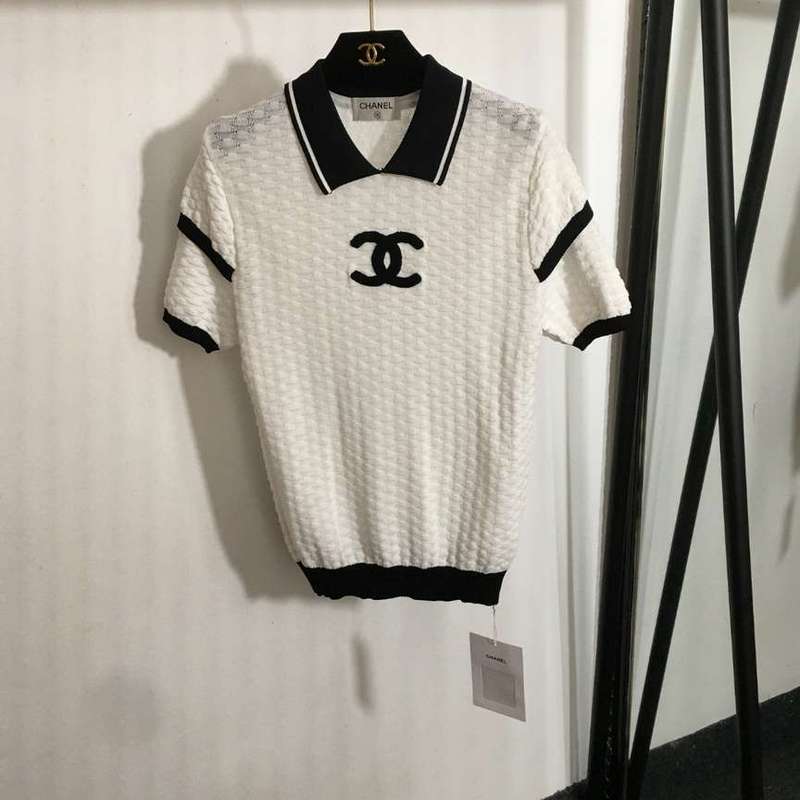 Chanel White Textured Polo Shirt with Black Trim