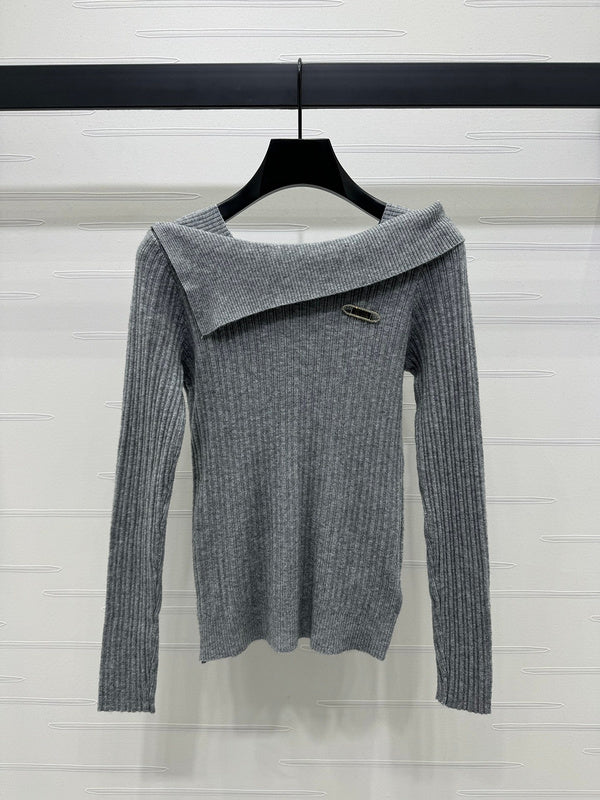 Versace Grey Ribbed Off-Shoulder Sweater with Safety Pin Detail