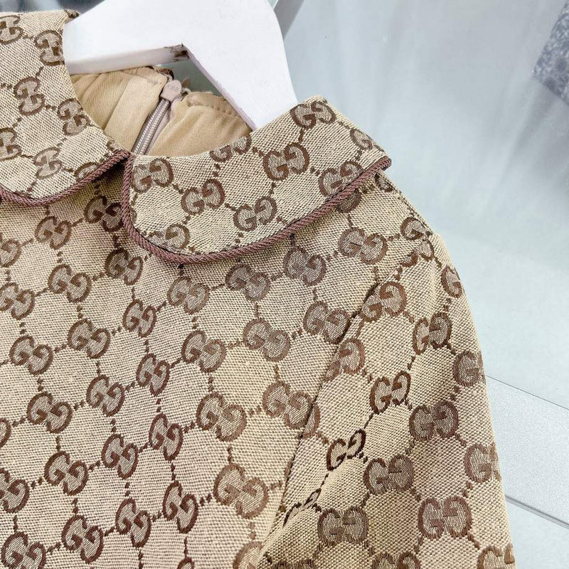 Gucci Kids Beige GG Monogram Dress with Peter Pan Collar