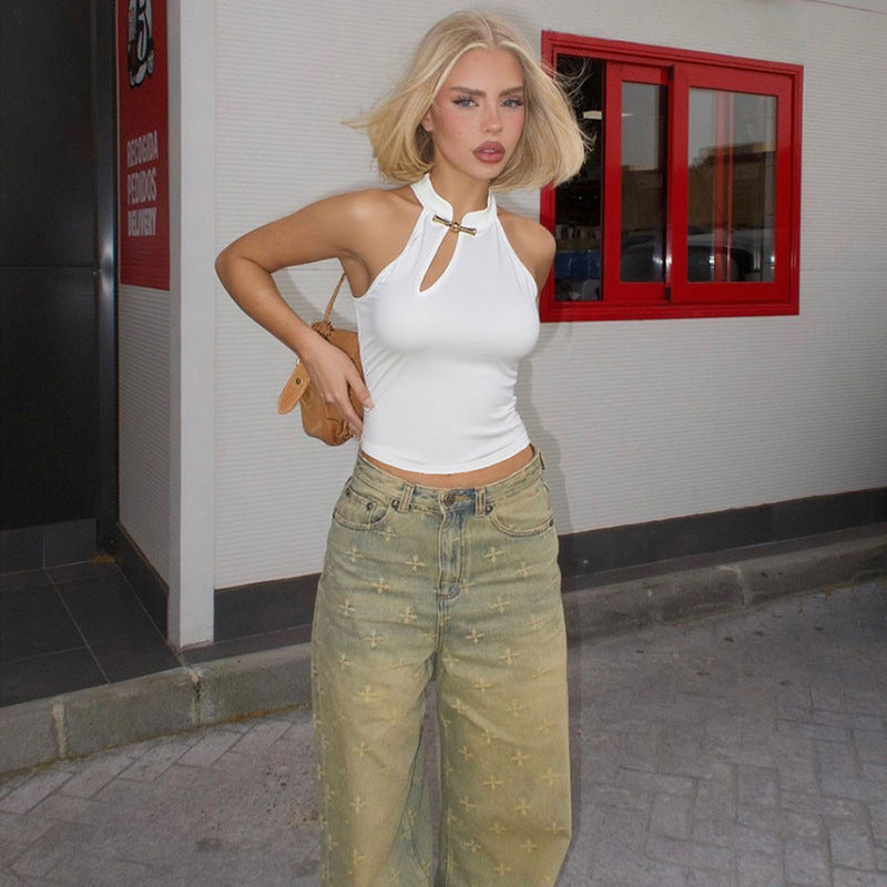 Fashion Buckle Hollow Sexy Sleeveless Slim T-shirt