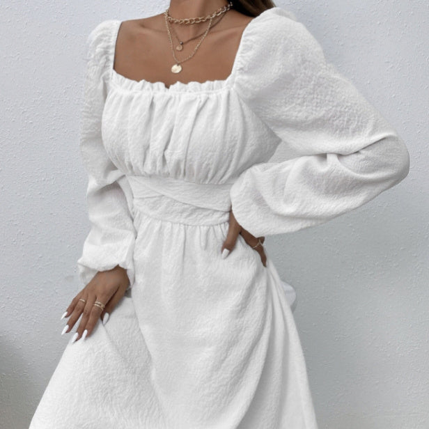 Elegant Solid Color Collar Lace Fold Waist A-list Dress