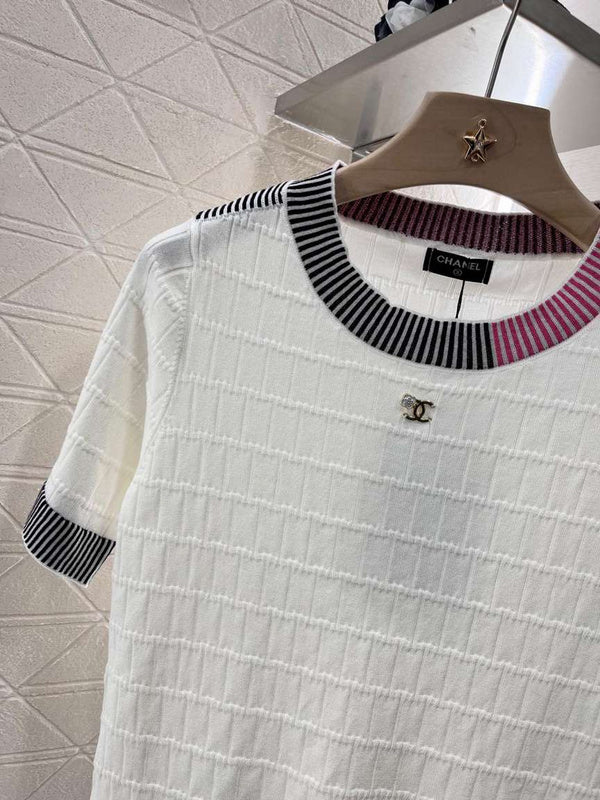 Chanel White Knit Top with Striped Collar & Cuffs