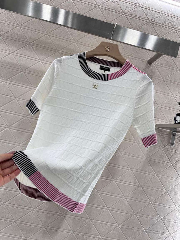 Chanel White Knit Top with Striped Collar & Cuffs