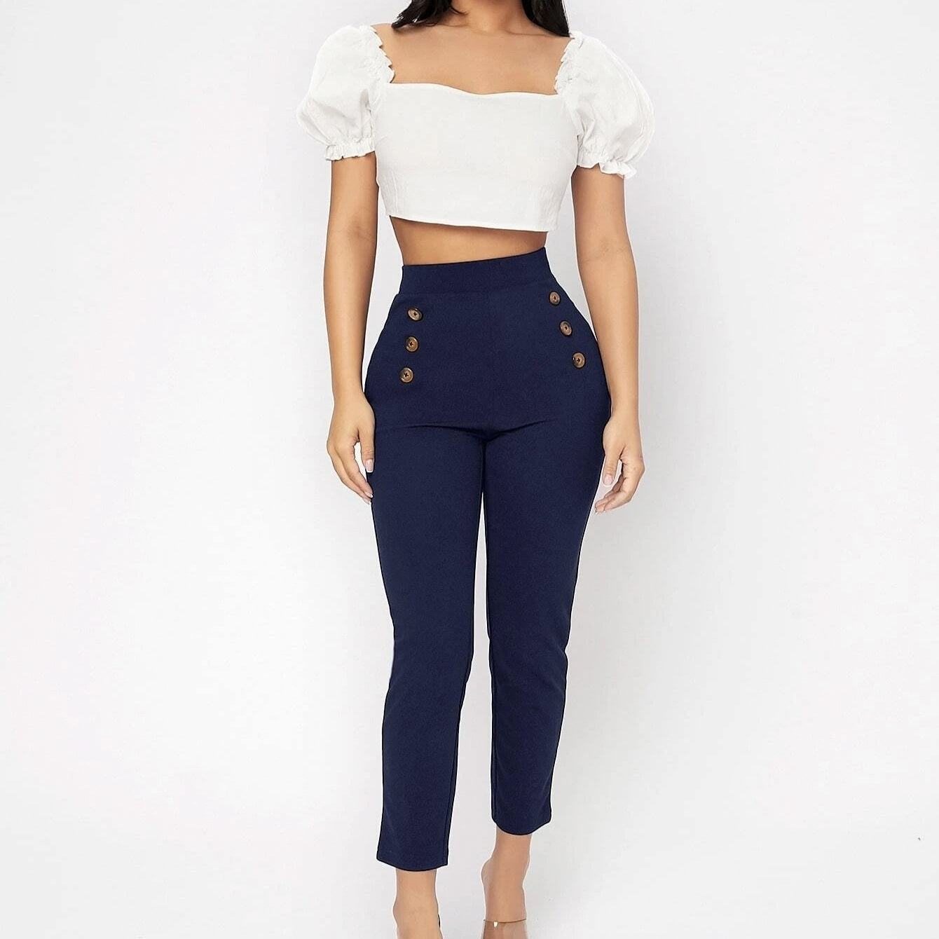 Retro Slim Fit Double Row Decoration Fake Button High Waisted Pants