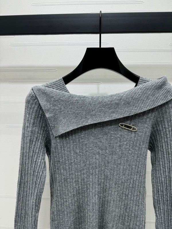 Versace Grey Ribbed Off-Shoulder Sweater with Safety Pin Detail