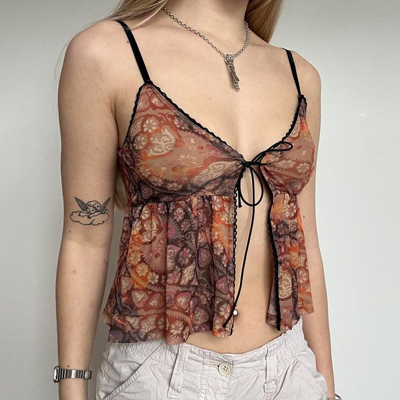 Retro Milk Silk Skin-friendly Small Sexy Hot Girl Print Straps Bottoming Vest