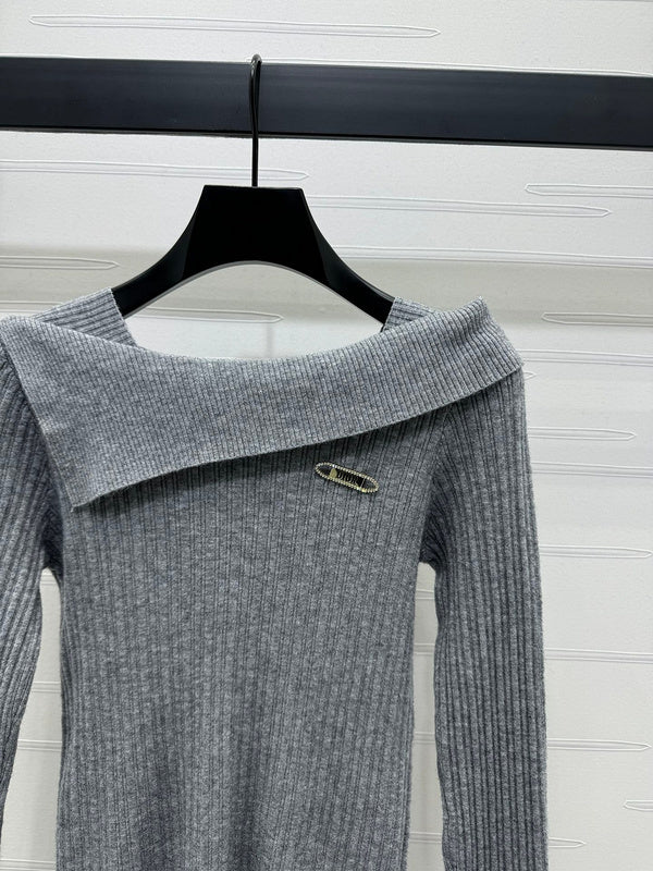 Versace Grey Ribbed Off-Shoulder Sweater with Safety Pin Detail