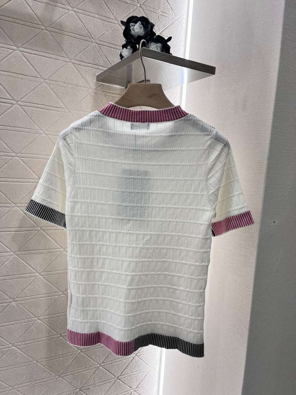 Chanel White Knit Top with Striped Collar & Cuffs