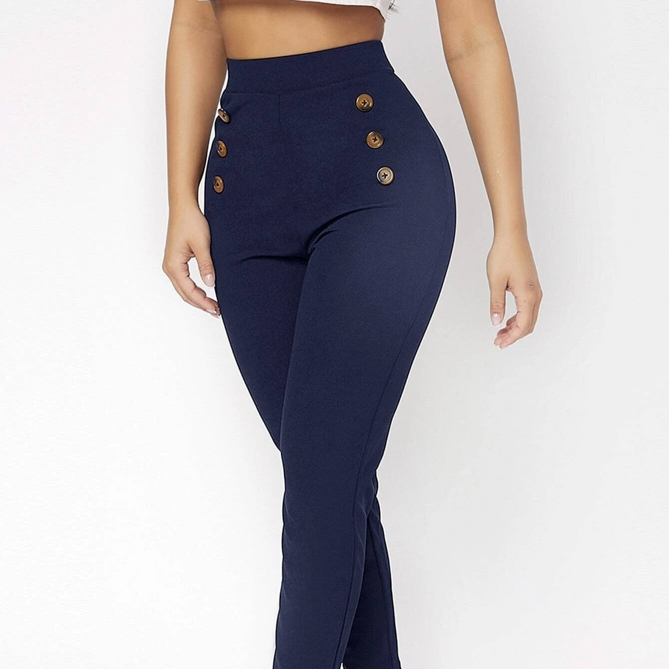 Retro Slim Fit Double Row Decoration Fake Button High Waisted Pants