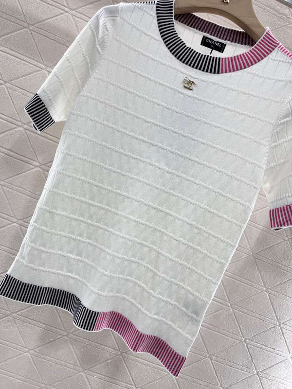 Chanel White Knit Top with Striped Collar & Cuffs