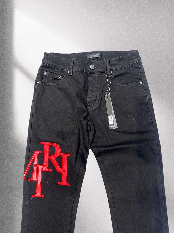 AMIRI Black Denim Jeans with Red Embroidered Logo