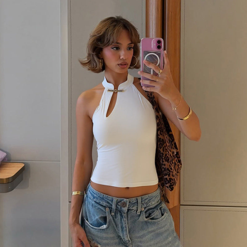 Fashion Buckle Hollow Sexy Sleeveless Slim T-shirt