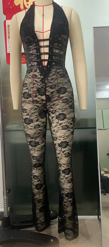Sexy Lash Rope Lace Up Slim Fit Jumpsuit See-through