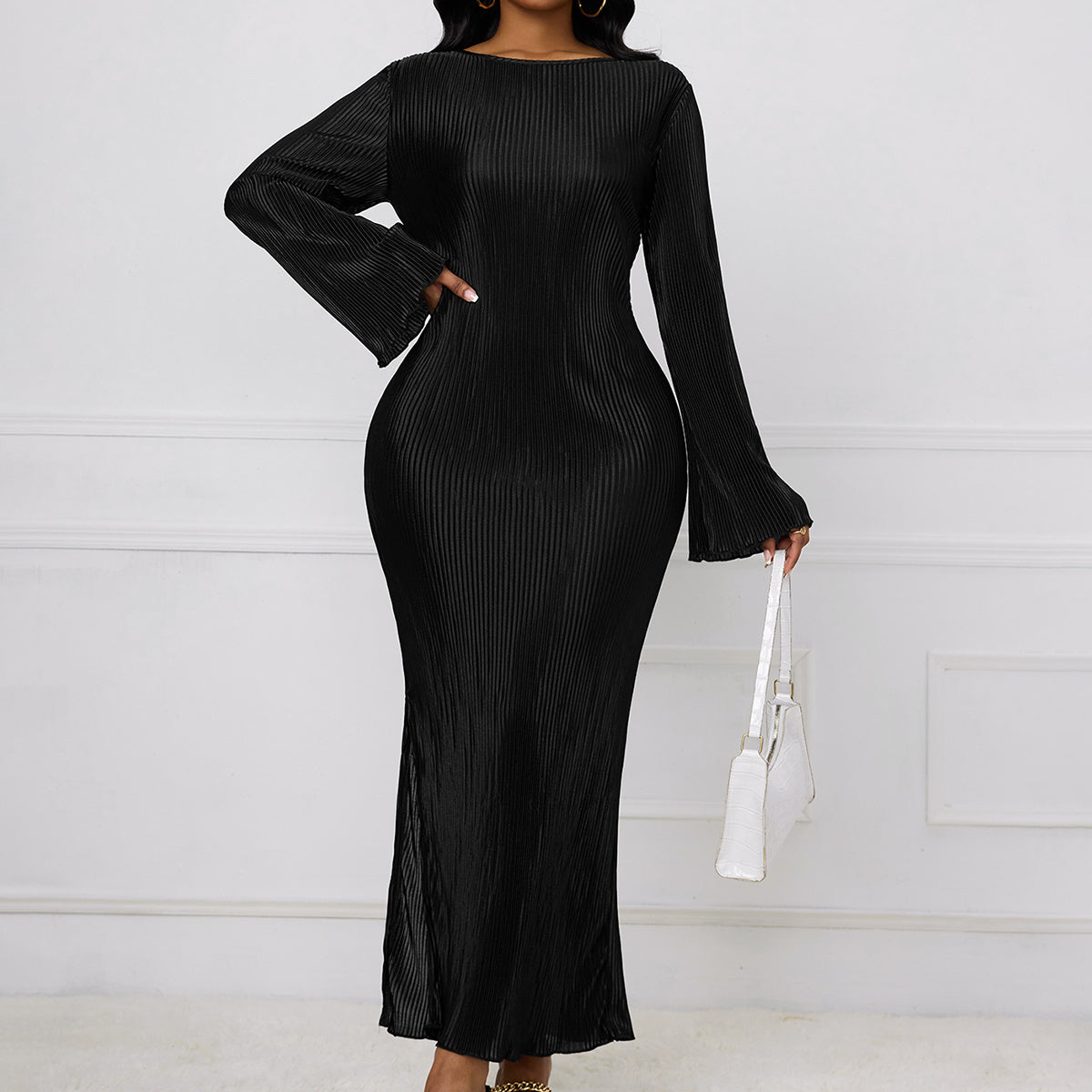 Autumn And Winter Flared Slit Elegant Long Sleeved Dress