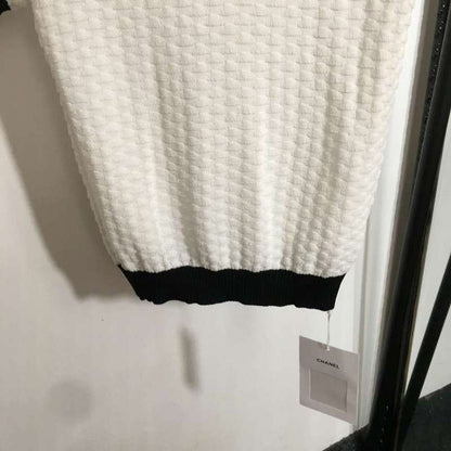Chanel White Textured Polo Shirt with Black Trim