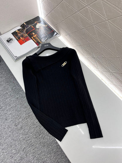 Dior Ribbed Knit Off-Shoulder Sweater – Black