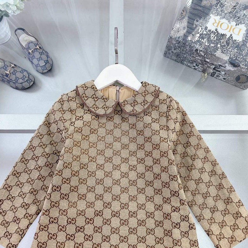 Gucci Kids Beige GG Monogram Dress with Peter Pan Collar