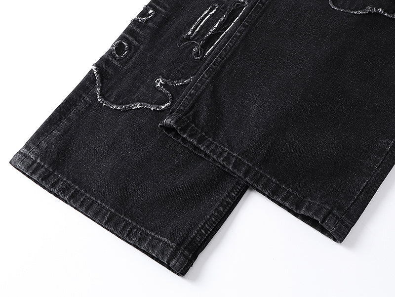 Washed Black Embroidered Straight-Leg Jeans