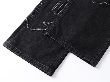 Washed Black Embroidered Straight-Leg Jeans