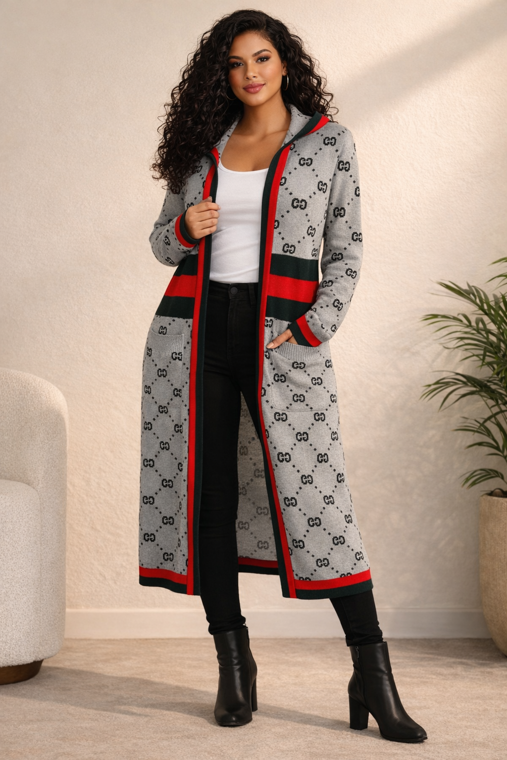 GG HOODED KNIT CARDIGAN