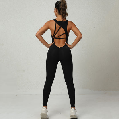 Yoga Jumpsuit V-shaped Back Design Sleeveless Fitness Tights Pants For Womens