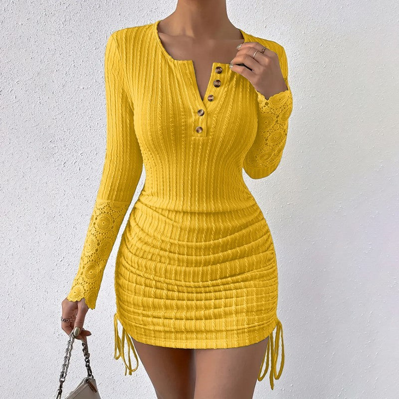 Elegant Bodycon Dress Long Sleeve Lace Cuff & Drawstring Hem Holiday Dress