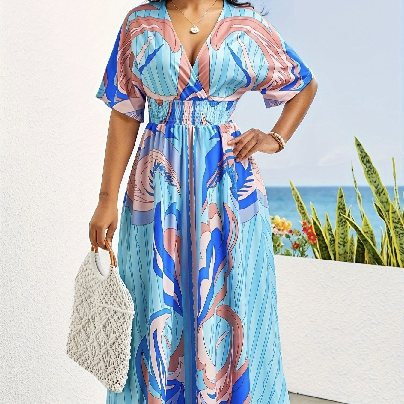 V-neck Waist Cinched Pleated Printed Dress