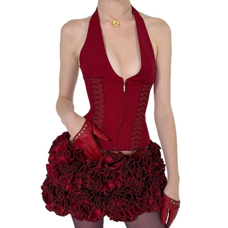 Lace-up Hot Girl Halterneck Vest Deep Sexy Short Top