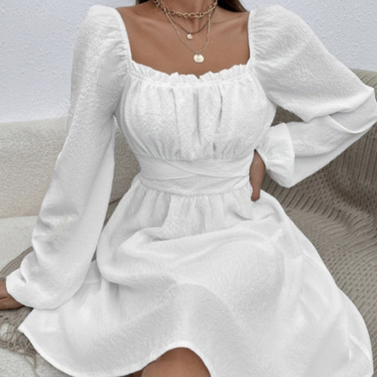 Elegant Solid Color Collar Lace Fold Waist A-list Dress