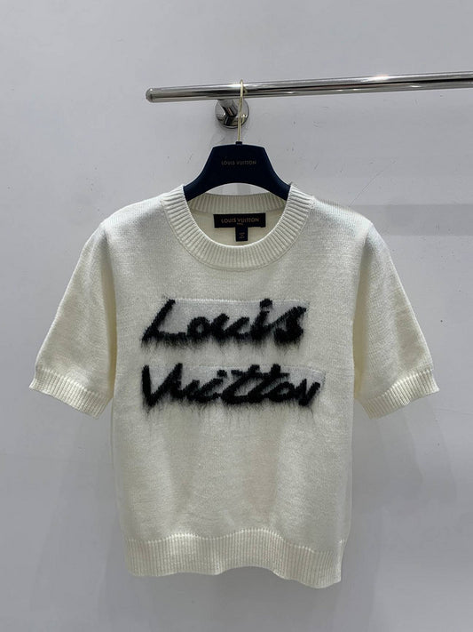 Louis Vuitton White Monogram Fuzzy Logo Knit T-Shirt