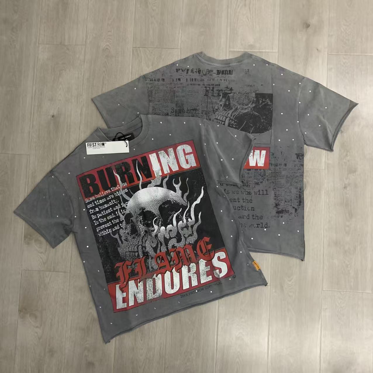 FIRST ROW Breaking News Burning Flames Cropped Tee