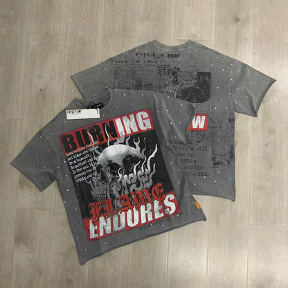 FIRST ROW Breaking News Burning Flames Cropped Tee