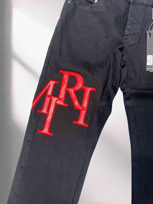 AMIRI Black Denim Jeans with Red Embroidered Logo