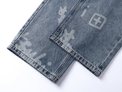All-Over Graphic Print Denim Jeans