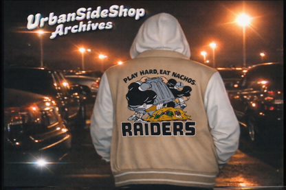 “Play Hard. Eat Nachos.” Hooded Varsity Jacket